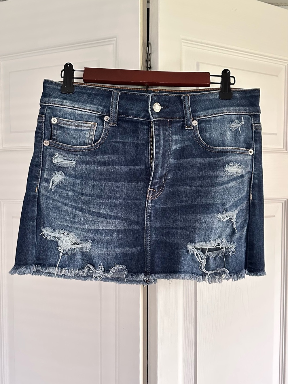 American Eagle Outfitters Distressed Dark Blue Denim Mini Skirt